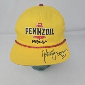 Vtg Pennzoil Racing Strapback Hat NASCAR 80s 90s Yellow Signed Johnny Benson